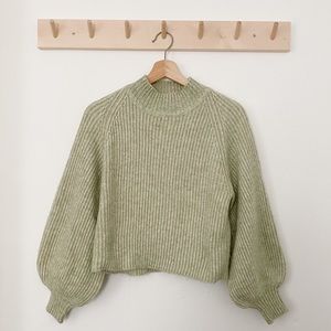 Mango Green Cropped Balloon Sleeve Mock Neck Sweater